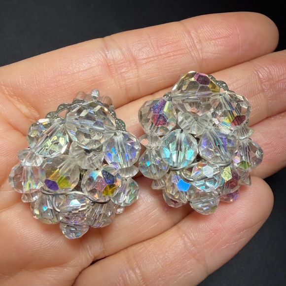Vintage Aurora Borealis AB Crystal Rhinestone Filigree Clip-On Earrings - Picture 4 of 13